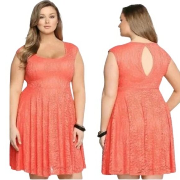 Torrid Womens Lacey Skater Dress Coral Floral Lace Keyhole Back Plus 2X - Picture 3 of 4